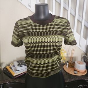 Zara Olive Green and Dark Brown Patterned Short Sleeve Top